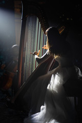 girl playing the harp on stage