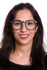 Obraz premium Face of happy Persian woman smiling while wearing eyeglasses