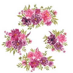 Meubelstickers set of loose branch watercolor flowers with purple and pink flowers © orchidart