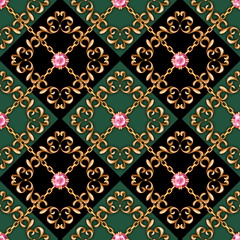Seamless luxury golden pattern with gems and chains