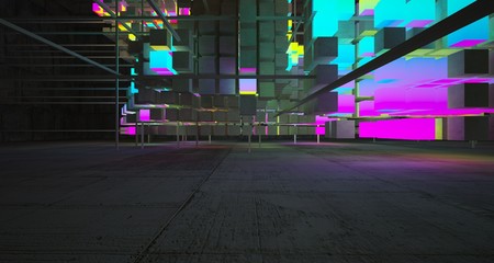Abstract architectural concrete interior from an array of white cubes with color gradient neon lighting. 3D illustration and rendering.