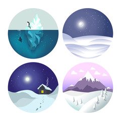 Fototapeta na wymiar Winter landscapes isolated icons, countryside view and Antarctic ice