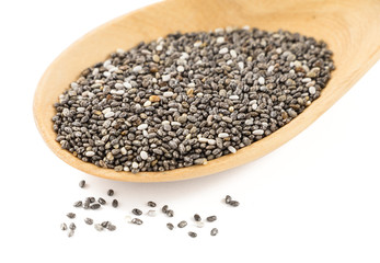 Close up of raw chia seed (super food) in wooden spoon isolated on white background