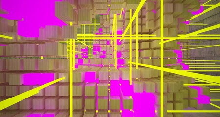 Abstract architectural concrete and wood interior from an array of white cubes with color gradient neon lighting. 3D illustration and rendering.