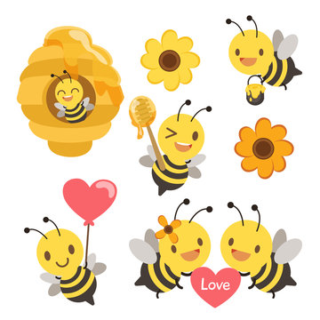 The character of cute bee in the honeycomb and holding a honey tank and some flower and balloon of heart and heart with the love text. The character of cute bee in flat vector style.