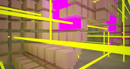 Obraz premium Abstract architectural concrete and wood interior from an array of white cubes with color gradient neon lighting. 3D illustration and rendering.
