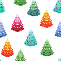 Cute christmas trees of different bright colors isolated on white background. Seamless pattern. New Year's festive decoration. Vectorial illustration in cartoon simple flat style.