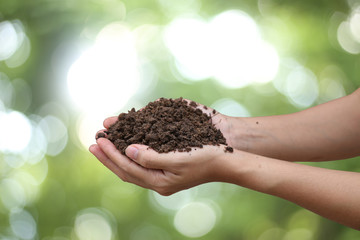 Handful of arable soil in hands of responsible farmer, close up, selective focus