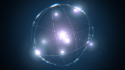 dynamic energetic blue atom model concept illustration of glowing proton neutron nucleus, visualization of atom space physics of centric gravity as idea of electrons orbiting as ordered particles