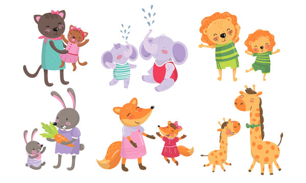 Animal Cubs And Their Parents Childish Vector Illustrations