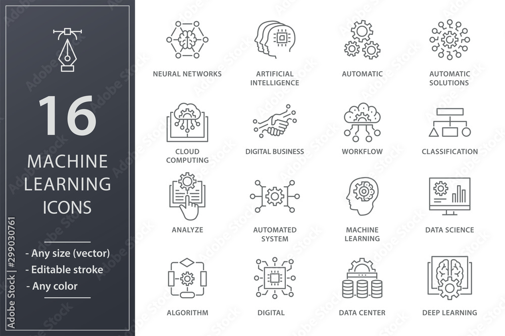 Wall mural Machine learning icons set. Black vector illustration. Editable stroke.