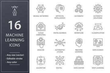 Machine learning icons set. Black vector illustration. Editable stroke.