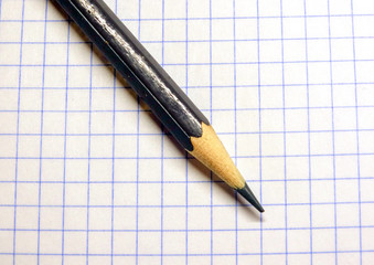 A pencil with a sharpened lead on a checkered sheet of notebook.