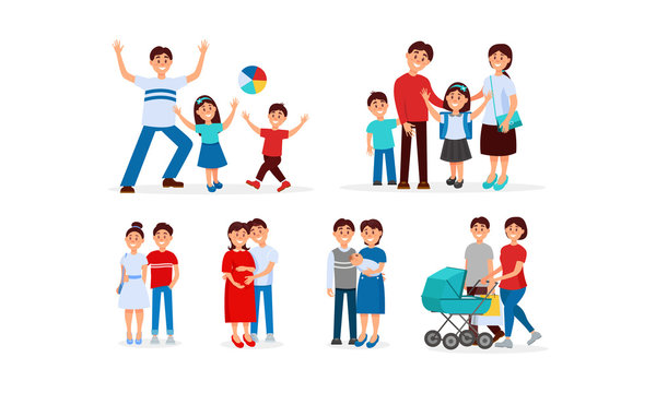 Different Stages Of Man And Woman Becoming Parents Vector Illustrations Set