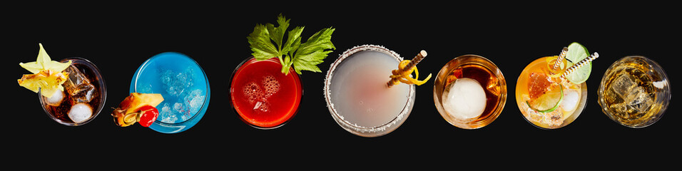 Top down panorama of exotic alcoholic cocktails - obrazy, fototapety, plakaty