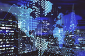 Financial graph on night city scape with tall buildings background multi exposure. Analysis concept.