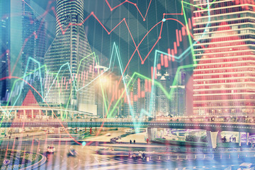 Financial chart on city scape with tall buildings background multi exposure. Analysis concept.