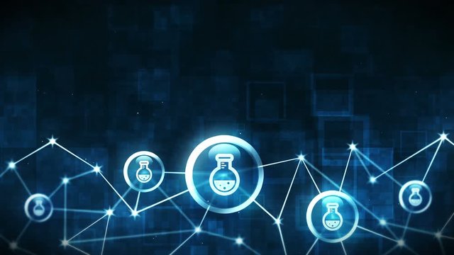 Round flask with liquid. Chemistry beaker icons floating. Medicine and Chemical connection. Polygonal space with connecting dots and lines. Wireframe polygon and icon.