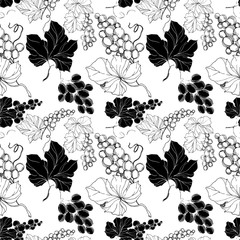Vector Grape berry healthy food. Black and white engraved ink art. Seamless background pattern.