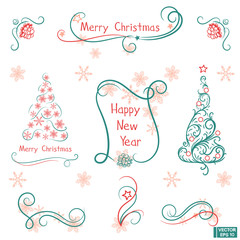 Collection of hand drawn swirls. Christmas design elements set.