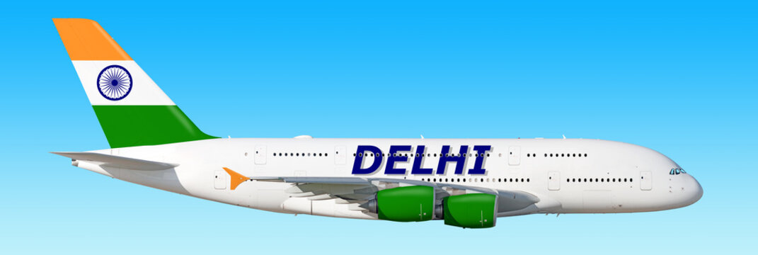 Modern airplane in India flag colors with Delhi lettering on aircraft body flying isolated on blue sky background aerial ultra wide banner side view of plane. Air travel world city destination flight