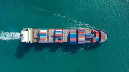 Aerial top view of Large container cargo ship in export and import business and logistics at sea