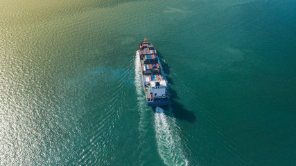 Aerial top view of Large container cargo ship in export and import business and logistics at sea