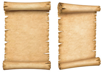 Two old paper manuscripts. Papyrus scroll vertically oriented isolated on white background.