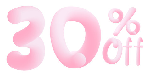 30 percent off Numbers made of chewing gum. Bubble Gum sign . Isolated on white background. Vector 3d font . Design template for big sale / special offer / advertising .