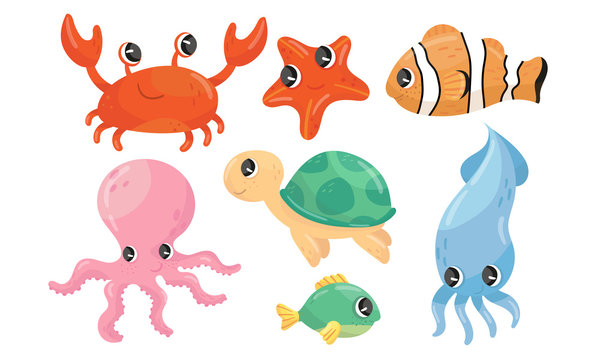 Funny Sea Animal Characters Vector Set. Underwater Life Concept