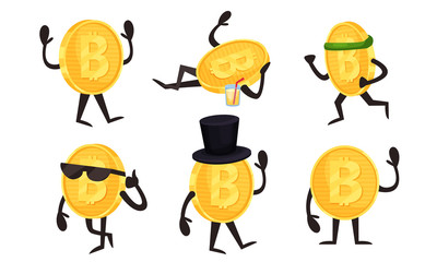 Golden Coins Characters With Bitcoin Sign in Different Actions Vector Set
