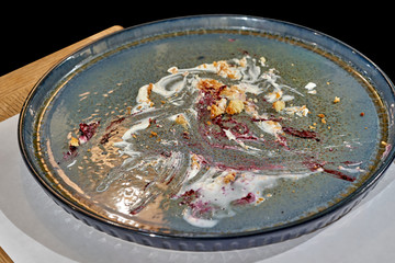 Close-up blue flat dish with small leftovers