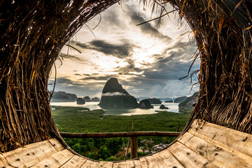 Beautiful scene seascape in the morning sunrise of Samed Nang She (or Samed Nang chee ) is the best and famous view point on Phang nga bay in Southern Thailand.