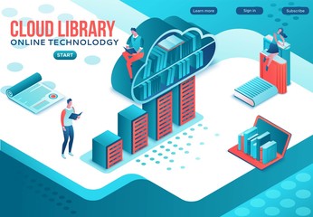 Fototapeta na wymiar Library online isometric landing page, digital education concept, people read book on laptop, study dictionary at university, cloud computing, information database, website template design
