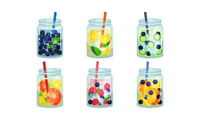 Obraz premium Fruit and Vegetable Cold Fresh Beverages Poured in Glass Jars With Straw Vector Set