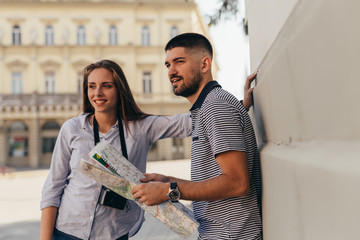 romantic couple tourists exploring town