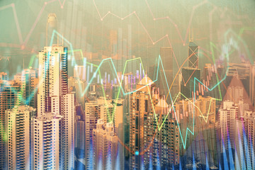 Forex chart on cityscape with skyscrapers wallpaper double exposure. Financial research concept.