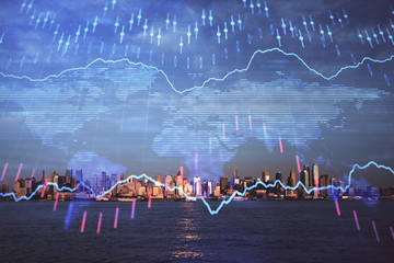 Forex chart on cityscape with skyscrapers wallpaper double exposure. Financial research concept.