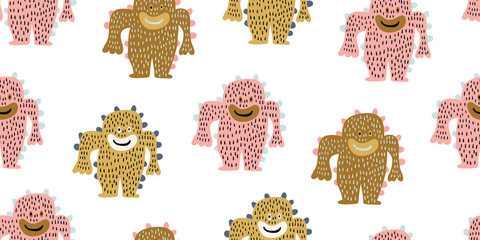 Kids seamless pattern with colorful cute monsters 