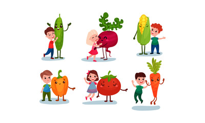 Obraz premium Girls and boys hugging with humanized vegetables. Vector illustration.
