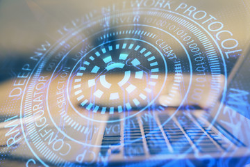 Technology theme drawing and table with computer. Double exposure. Concept of information.