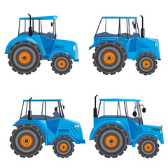 A set of vector blue single tractors isolated on white background for design