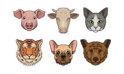 Set of realistic farm and wild animals heads. Vector illustration.