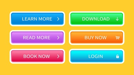 Trendy buttons set for website design. Vector web elements for design. Modern different colorful buttons for interface, mobile apps, ui, software and games.