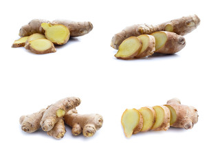 Ginger root on a white background.Collage