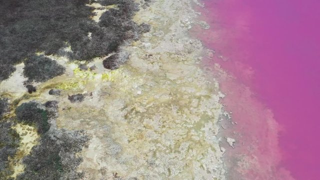 Aerial landscape view of Hutt Lagoon pink lake at Port Gregory in Western Australia.