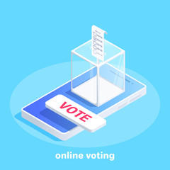 isometric vector image on a blue background, glass box for voting with a bill on a smartphone screen, online voting