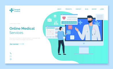 Online medical service, monitor of computer with portrait view of doctor, screen of cardiogram, diagnos of pacient, healthcare website vector. App slider or webpage template, landing page flat style