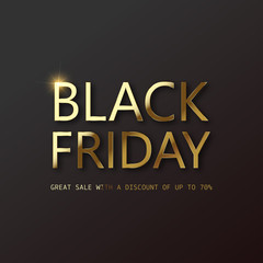 Black Friday sale card with golden confetti text on black. Vector