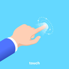 hand with an extended finger pressing on the touch surface, isometric vector image on a blue background